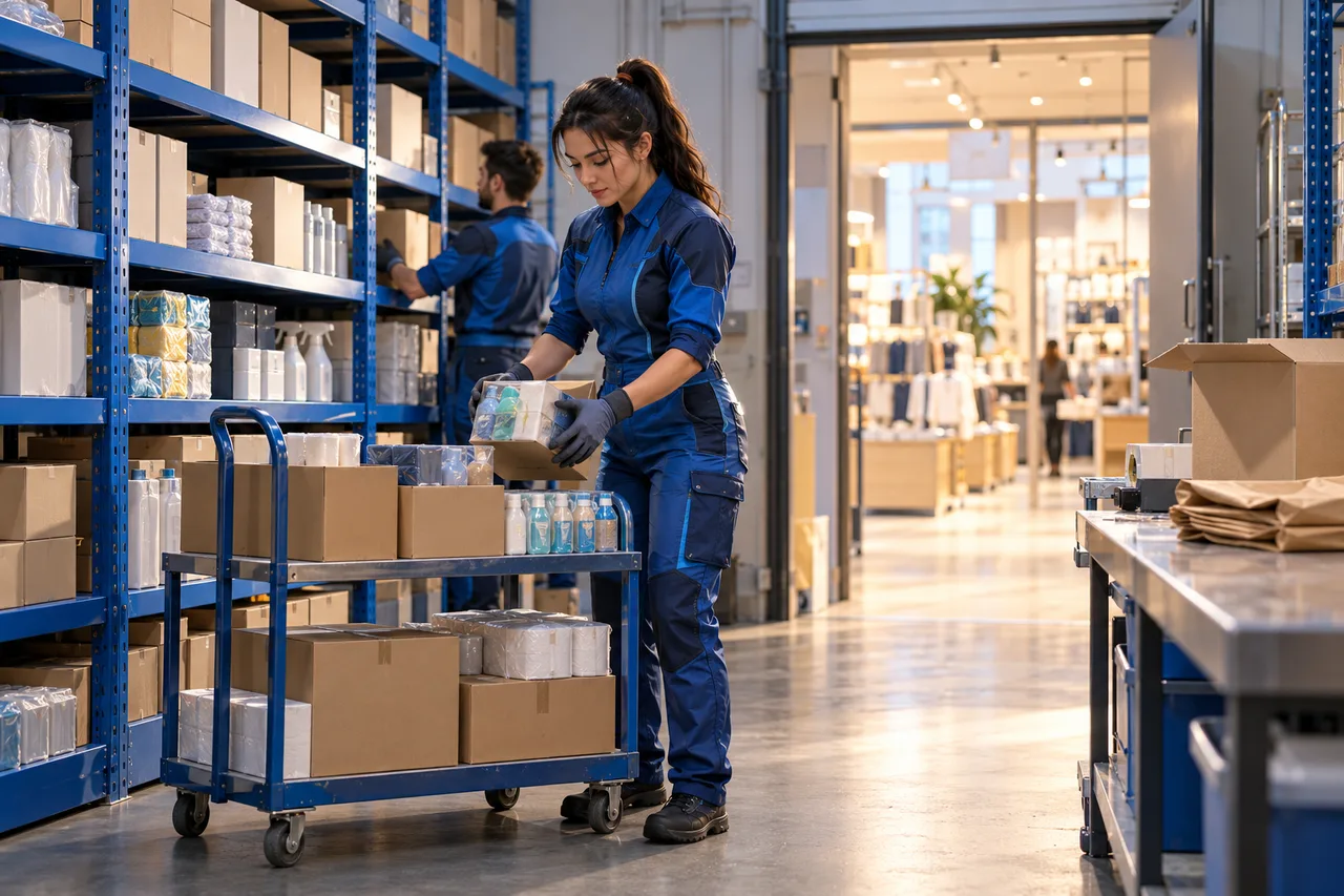 Запас магазина на полочных стеллажах Сотрудница комплектует тележку для пополнения магазина в подсобном складе
