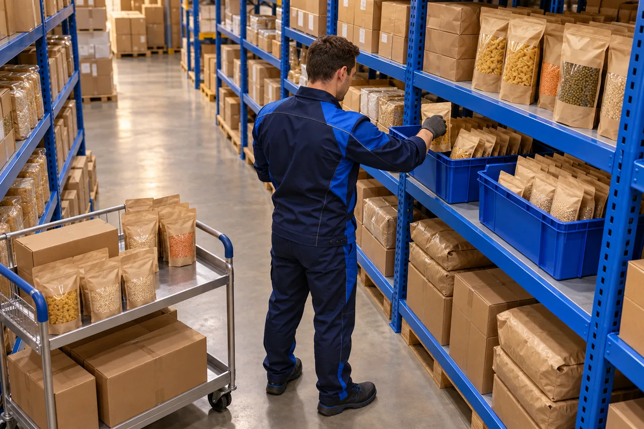 Хранение сухих упакованных продуктов Работник раскладывает закрытые пакеты сухих продуктов по контейнерам синего стеллажа